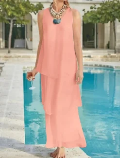 Beach Wedding Sheath Mother of the Bride Dress Wedding Guest Elegant Simple V Neck Ankle Length Chiffon Sleeveless with Tier Solid Color free custom size