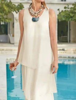 Beach Wedding Sheath Mother of the Bride Dress Wedding Guest Elegant Simple V Neck Ankle Length Chiffon Sleeveless with Tier Solid Color free custom size