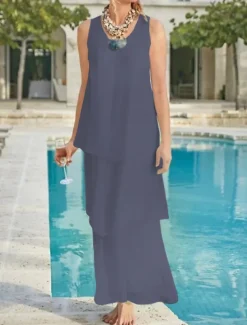 Beach Wedding Sheath Mother of the Bride Dress Wedding Guest Elegant Simple V Neck Ankle Length Chiffon Sleeveless with Tier Solid Color free custom size