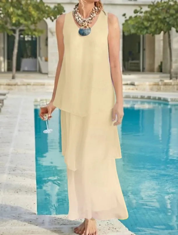 Beach Wedding Sheath Mother of the Bride Dress Wedding Guest Elegant Simple V Neck Ankle Length Chiffon Sleeveless with Tier Solid Color free custom size