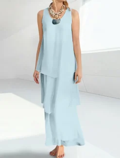 Beach Wedding Sheath Mother of the Bride Dress Wedding Guest Elegant Simple V Neck Ankle Length Chiffon Sleeveless with Tier Solid Color free custom size