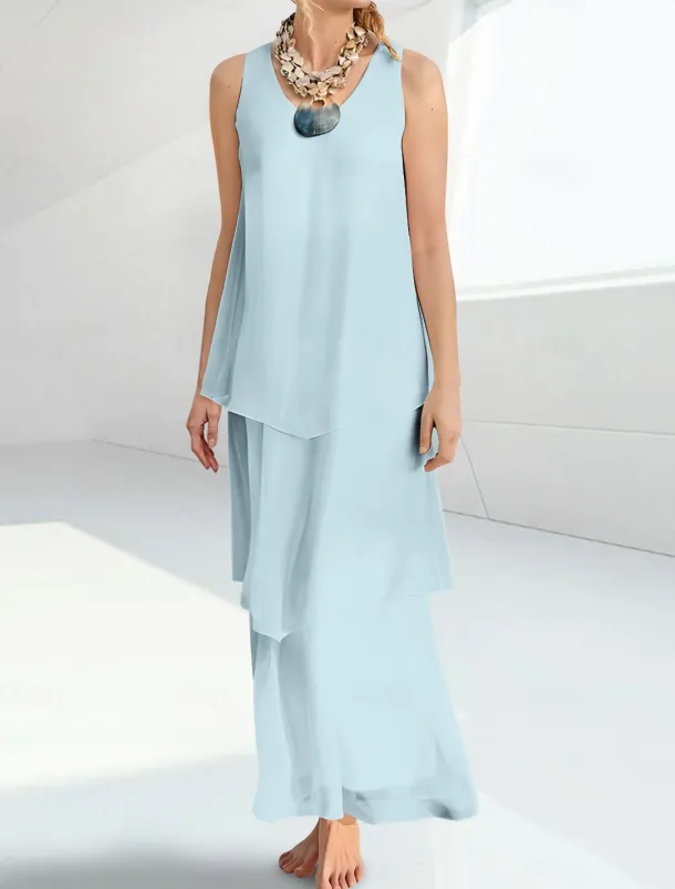 Beach Wedding Sheath Mother of the Bride Dress Wedding Guest Elegant Simple V Neck Ankle Length Chiffon Sleeveless with Tier Solid Color free custom size
