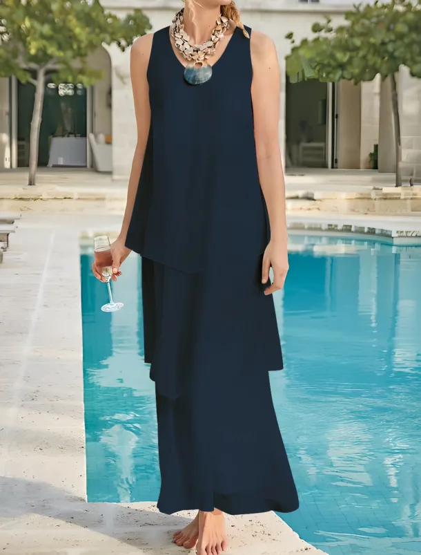 Beach Wedding Sheath Mother of the Bride Dress Wedding Guest Elegant Simple V Neck Ankle Length Chiffon Sleeveless with Tier Solid Color free custom size