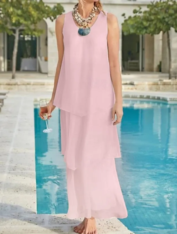 Beach Wedding Sheath Mother of the Bride Dress Wedding Guest Elegant Simple V Neck Ankle Length Chiffon Sleeveless with Tier Solid Color free custom size