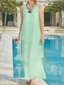 Beach Wedding Sheath Mother of the Bride Dress Wedding Guest Elegant Simple V Neck Ankle Length Chiffon Sleeveless with Tier Solid Color free custom size