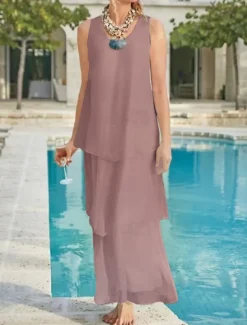 Beach Wedding Sheath Mother of the Bride Dress Wedding Guest Elegant Simple V Neck Ankle Length Chiffon Sleeveless with Tier Solid Color free custom size