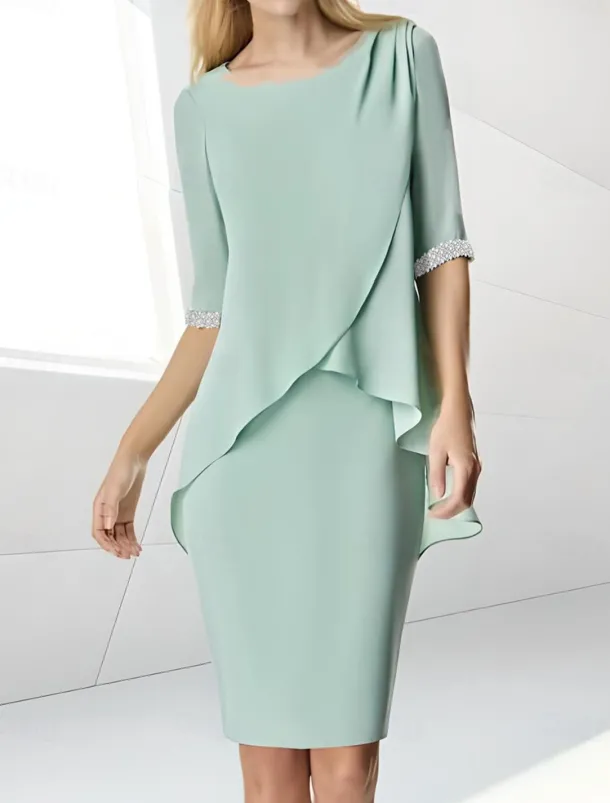 Beach Wedding Sheath Mother of the Bride Dress Wedding Guest Elegant Jewel Neck Tea Length Chiffon Half Sleeve with Beading Ruching