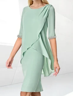 Beach Wedding Sheath Mother of the Bride Dress Wedding Guest Elegant Jewel Neck Tea Length Chiffon Half Sleeve with Beading Ruching