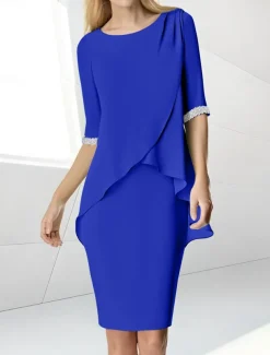 Beach Wedding Sheath Mother of the Bride Dress Wedding Guest Elegant Jewel Neck Tea Length Chiffon Half Sleeve with Beading Ruching