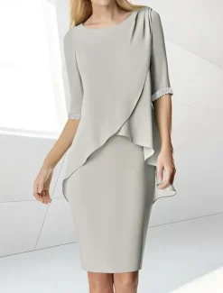 Beach Wedding Sheath Mother of the Bride Dress Wedding Guest Elegant Jewel Neck Tea Length Chiffon Half Sleeve with Beading Ruching