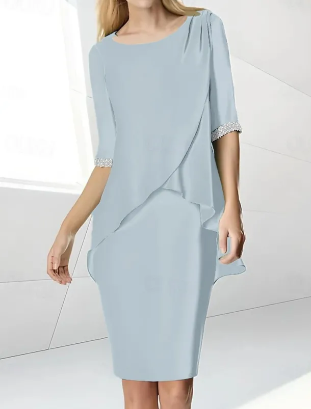 Beach Wedding Sheath Mother of the Bride Dress Wedding Guest Elegant Jewel Neck Tea Length Chiffon Half Sleeve with Beading Ruching