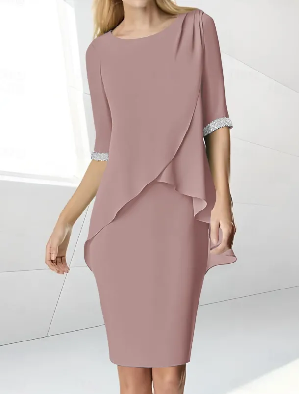 Beach Wedding Sheath Mother of the Bride Dress Wedding Guest Elegant Jewel Neck Tea Length Chiffon Half Sleeve with Beading Ruching