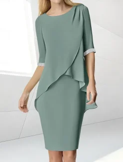 Beach Wedding Sheath Mother of the Bride Dress Wedding Guest Elegant Jewel Neck Tea Length Chiffon Half Sleeve with Beading Ruching