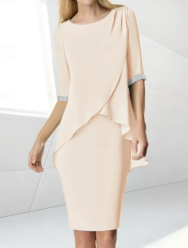 Beach Wedding Sheath Mother of the Bride Dress Wedding Guest Elegant Jewel Neck Tea Length Chiffon Half Sleeve with Beading Ruching