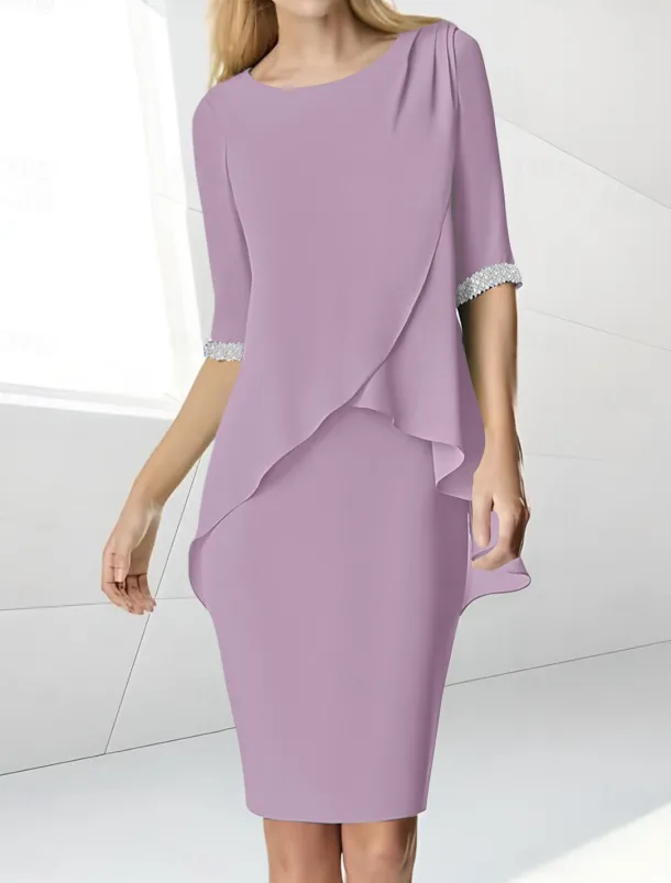 Beach Wedding Sheath Mother of the Bride Dress Wedding Guest Elegant Jewel Neck Tea Length Chiffon Half Sleeve with Beading Ruching