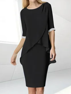 Beach Wedding Sheath Mother of the Bride Dress Wedding Guest Elegant Jewel Neck Tea Length Chiffon Half Sleeve with Beading Ruching