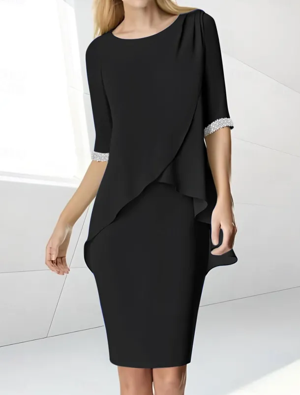 Beach Wedding Sheath Mother of the Bride Dress Wedding Guest Elegant Jewel Neck Tea Length Chiffon Half Sleeve with Beading Ruching