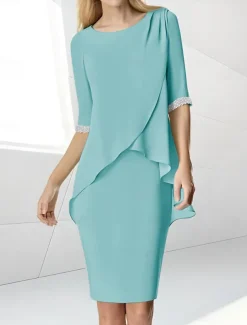 Beach Wedding Sheath Mother of the Bride Dress Wedding Guest Elegant Jewel Neck Tea Length Chiffon Half Sleeve with Beading Ruching