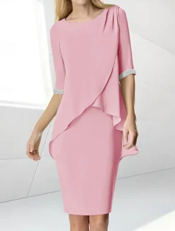 Beach Wedding Sheath Mother of the Bride Dress Wedding Guest Elegant Jewel Neck Tea Length Chiffon Half Sleeve with Beading Ruching