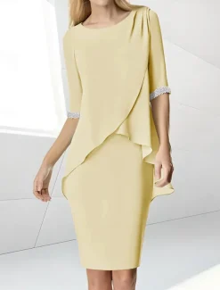 Beach Wedding Sheath Mother of the Bride Dress Wedding Guest Elegant Jewel Neck Tea Length Chiffon Half Sleeve with Beading Ruching