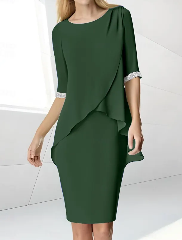 Beach Wedding Sheath Mother of the Bride Dress Wedding Guest Elegant Jewel Neck Tea Length Chiffon Half Sleeve with Beading Ruching