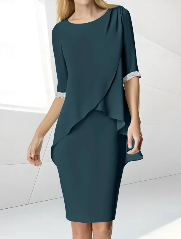 Beach Wedding Sheath Mother of the Bride Dress Wedding Guest Elegant Jewel Neck Tea Length Chiffon Half Sleeve with Beading Ruching