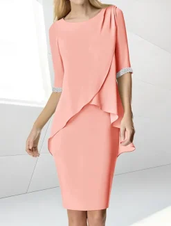 Beach Wedding Sheath Mother of the Bride Dress Wedding Guest Elegant Jewel Neck Tea Length Chiffon Half Sleeve with Beading Ruching