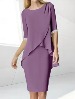 Beach Wedding Sheath Mother of the Bride Dress Wedding Guest Elegant Jewel Neck Tea Length Chiffon Half Sleeve with Beading Ruching