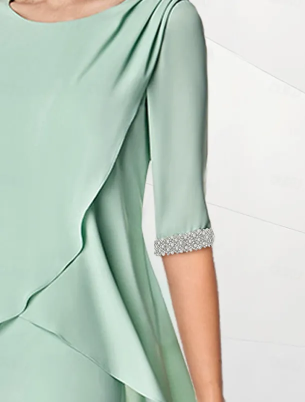 Beach Wedding Sheath Mother of the Bride Dress Wedding Guest Elegant Jewel Neck Tea Length Chiffon Half Sleeve with Beading Ruching