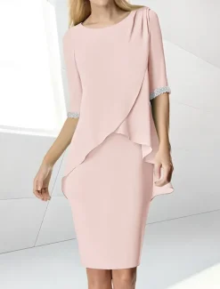 Beach Wedding Sheath Mother of the Bride Dress Wedding Guest Elegant Jewel Neck Tea Length Chiffon Half Sleeve with Beading Ruching