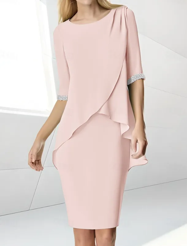 Beach Wedding Sheath Mother of the Bride Dress Wedding Guest Elegant Jewel Neck Tea Length Chiffon Half Sleeve with Beading Ruching