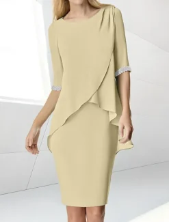 Beach Wedding Sheath Mother of the Bride Dress Wedding Guest Elegant Jewel Neck Tea Length Chiffon Half Sleeve with Beading Ruching