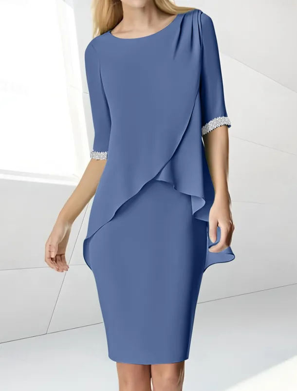 Beach Wedding Sheath Mother of the Bride Dress Wedding Guest Elegant Jewel Neck Tea Length Chiffon Half Sleeve with Beading Ruching