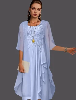 Beach Wedding Two Piece A-Line Mother of the Bride Dress Wedding Guest Elegant Scoop Neck Knee Length Chiffon Lace Sleeveless Jacket Dresses with Pleats Appliques free custom size