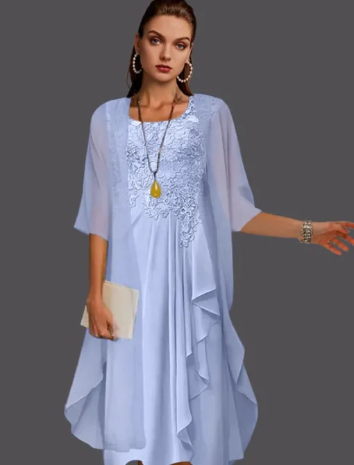 Beach Wedding Two Piece A-Line Mother of the Bride Dress Wedding Guest Elegant Scoop Neck Knee Length Chiffon Lace Sleeveless Jacket Dresses with Pleats Appliques free custom size