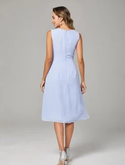 Beach Wedding Two Piece A-Line Mother of the Bride Dress Wedding Guest Elegant Scoop Neck Knee Length Chiffon Lace Sleeveless Jacket Dresses with Pleats Appliques free custom size