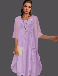 Beach Wedding Two Piece A-Line Mother of the Bride Dress Wedding Guest Elegant Scoop Neck Knee Length Chiffon Lace Sleeveless Jacket Dresses with Pleats Appliques free custom size