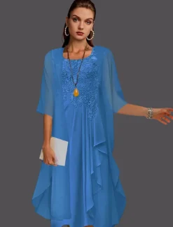 Beach Wedding Two Piece A-Line Mother of the Bride Dress Wedding Guest Elegant Scoop Neck Knee Length Chiffon Lace Sleeveless Jacket Dresses with Pleats Appliques free custom size
