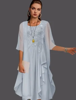 Beach Wedding Two Piece A-Line Mother of the Bride Dress Wedding Guest Elegant Scoop Neck Knee Length Chiffon Lace Sleeveless Jacket Dresses with Pleats Appliques free custom size