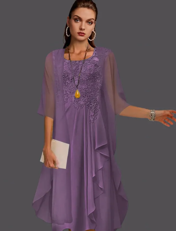 Beach Wedding Two Piece A-Line Mother of the Bride Dress Wedding Guest Elegant Scoop Neck Knee Length Chiffon Lace Sleeveless Jacket Dresses with Pleats Appliques free custom size
