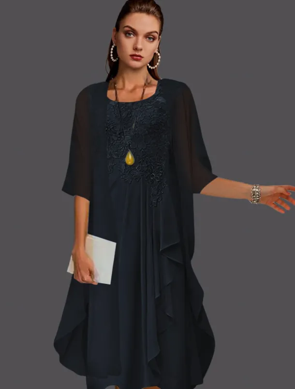 Beach Wedding Two Piece A-Line Mother of the Bride Dress Wedding Guest Elegant Scoop Neck Knee Length Chiffon Lace Sleeveless Jacket Dresses with Pleats Appliques free custom size