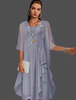 Beach Wedding Two Piece A-Line Mother of the Bride Dress Wedding Guest Elegant Scoop Neck Knee Length Chiffon Lace Sleeveless Jacket Dresses with Pleats Appliques free custom size