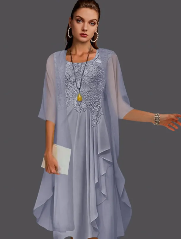Beach Wedding Two Piece A-Line Mother of the Bride Dress Wedding Guest Elegant Scoop Neck Knee Length Chiffon Lace Sleeveless Jacket Dresses with Pleats Appliques free custom size