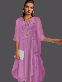 Beach Wedding Two Piece A-Line Mother of the Bride Dress Wedding Guest Elegant Scoop Neck Knee Length Chiffon Lace Sleeveless Jacket Dresses with Pleats Appliques free custom size