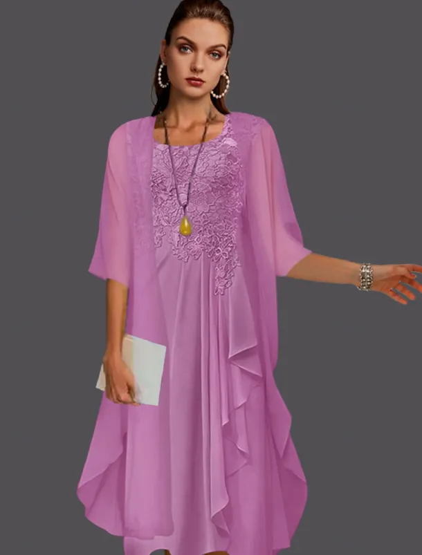 Beach Wedding Two Piece A-Line Mother of the Bride Dress Wedding Guest Elegant Scoop Neck Knee Length Chiffon Lace Sleeveless Jacket Dresses with Pleats Appliques free custom size