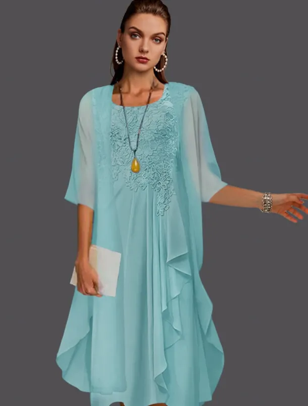 Beach Wedding Two Piece A-Line Mother of the Bride Dress Wedding Guest Elegant Scoop Neck Knee Length Chiffon Lace Sleeveless Jacket Dresses with Pleats Appliques free custom size
