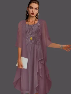 Beach Wedding Two Piece A-Line Mother of the Bride Dress Wedding Guest Elegant Scoop Neck Knee Length Chiffon Lace Sleeveless Jacket Dresses with Pleats Appliques free custom size