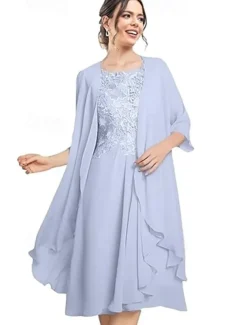 Beach Wedding Two Piece A-Line Mother of the Bride Dress Wedding Guest Elegant Scoop Neck Knee Length Chiffon Lace Sleeveless Jacket Dresses with Pleats Appliques free custom size