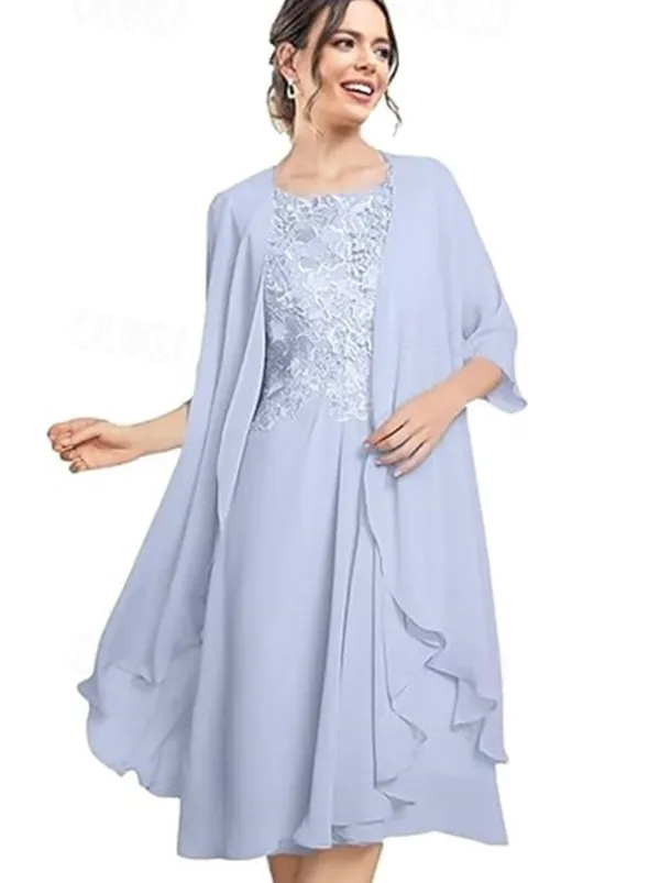 Beach Wedding Two Piece A-Line Mother of the Bride Dress Wedding Guest Elegant Scoop Neck Knee Length Chiffon Lace Sleeveless Jacket Dresses with Pleats Appliques free custom size