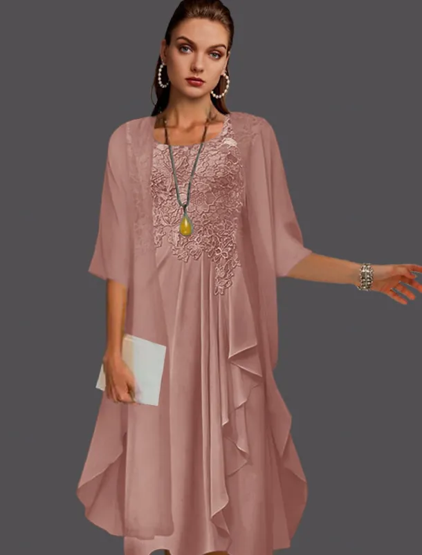 Beach Wedding Two Piece A-Line Mother of the Bride Dress Wedding Guest Elegant Scoop Neck Knee Length Chiffon Lace Sleeveless Jacket Dresses with Pleats Appliques free custom size